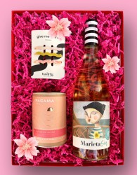 Box prezentowy z winem bezalkoholowym, herbatą i spinkami – zestaw różowy