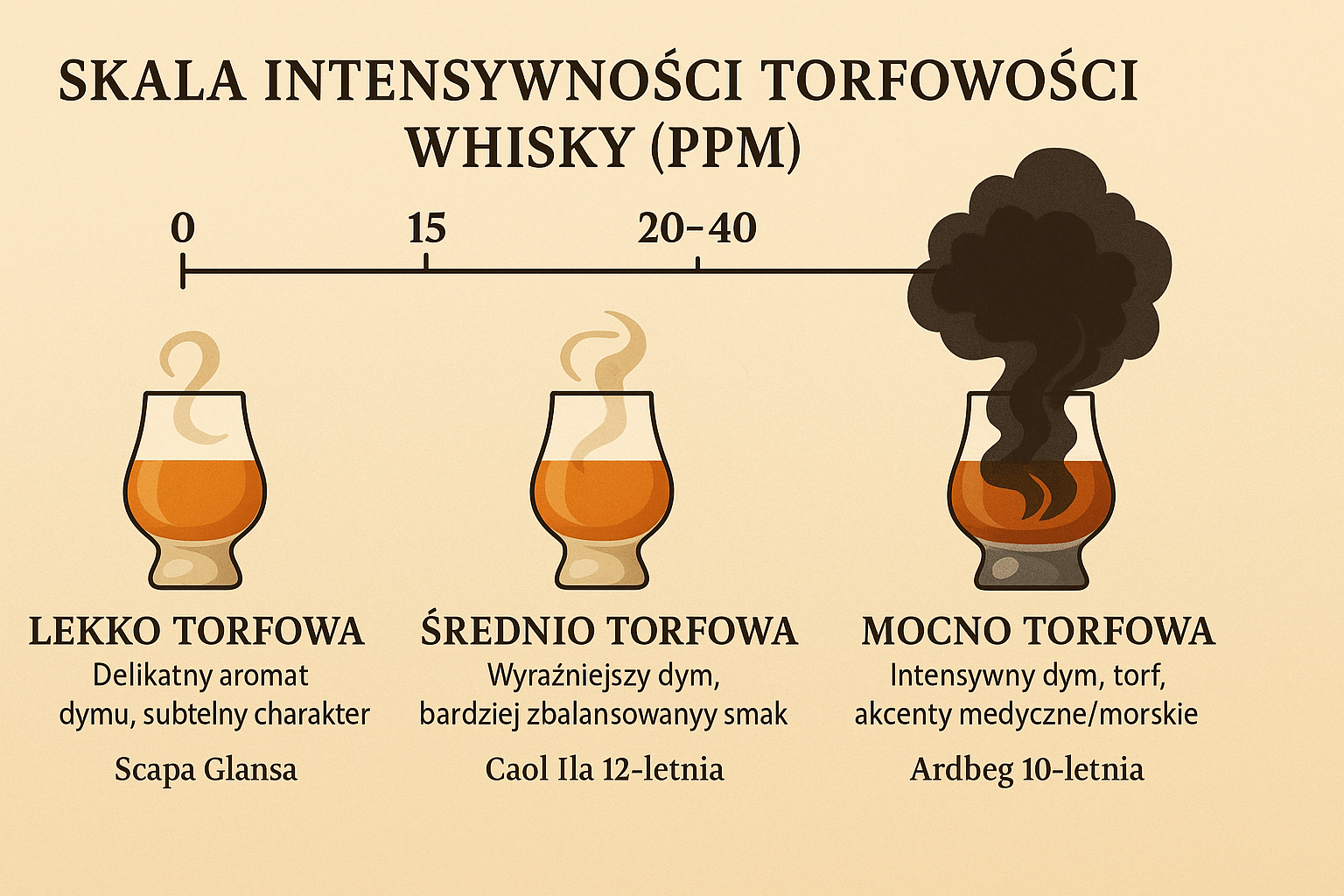 Skala intensywności torfowości whisky w PPM